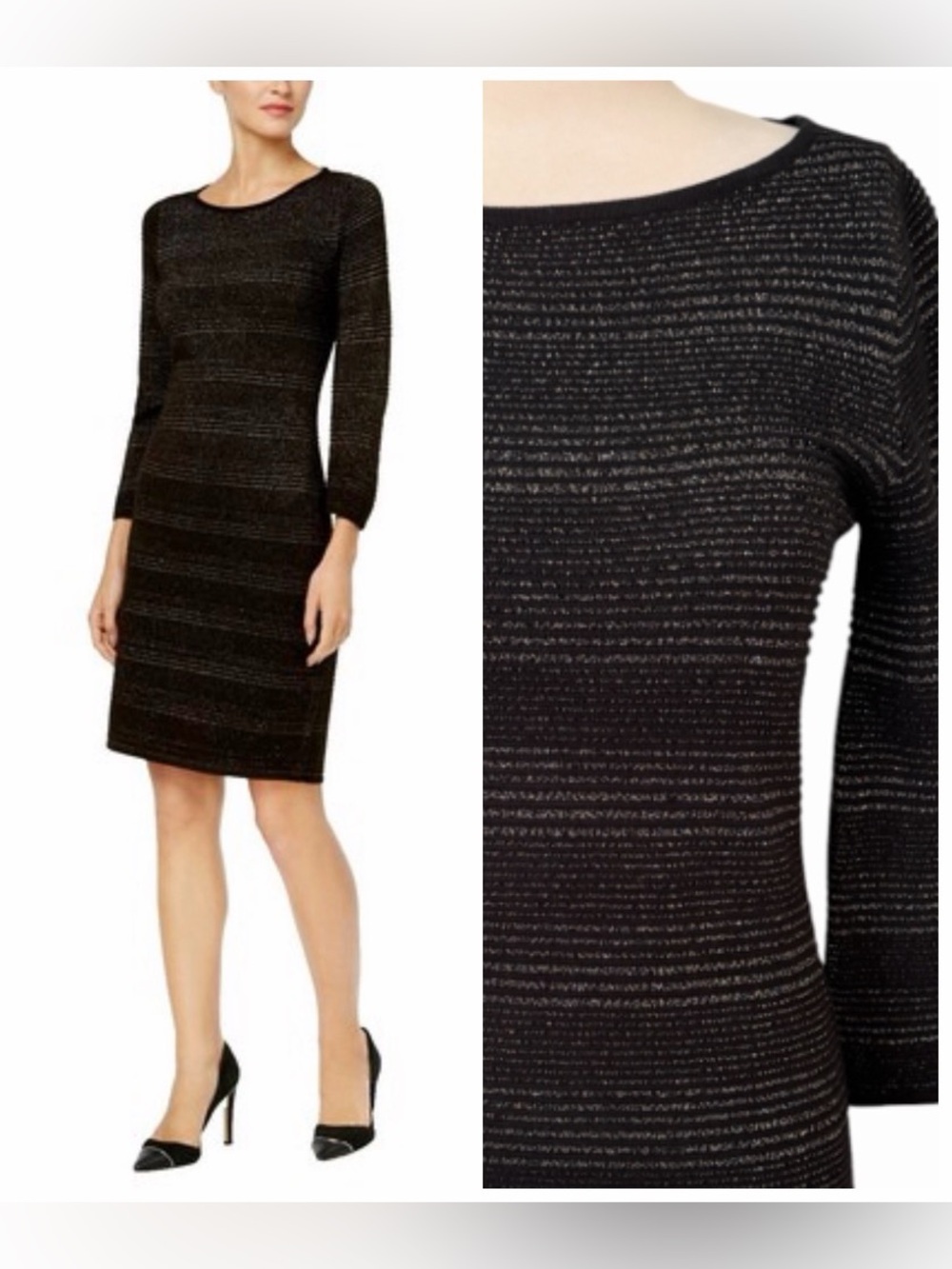 Calvin Klein Black Silver Gold Metallic Knit Midi Sheath Dress Sz S